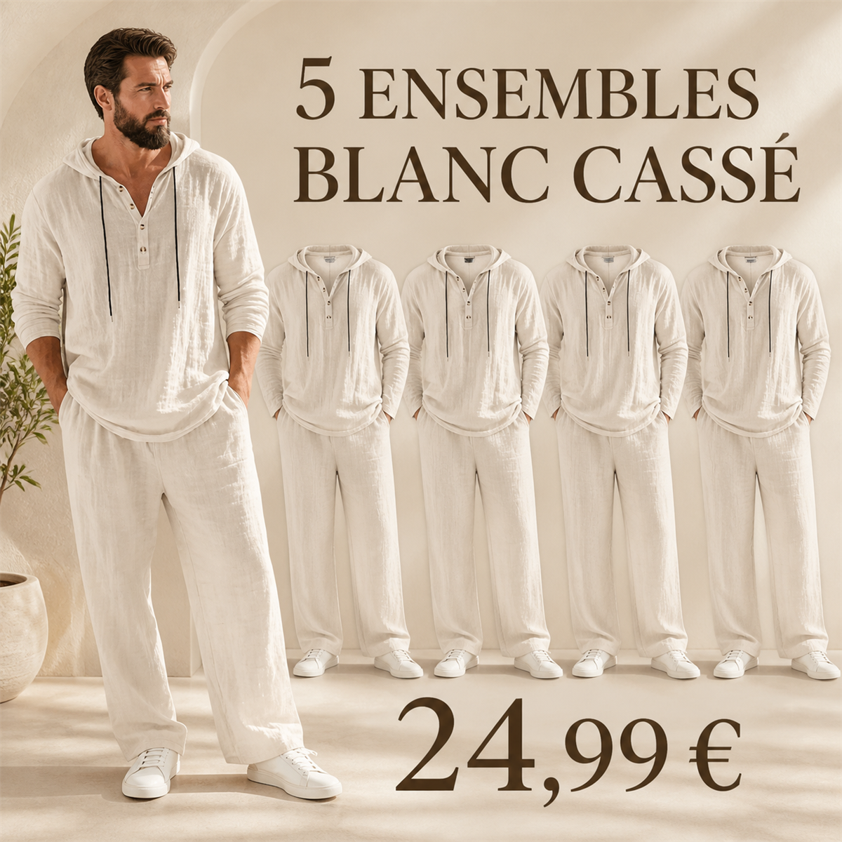 Offre en lot - Ensemble homme avec haut Henley a capuche et pantalon decontracte