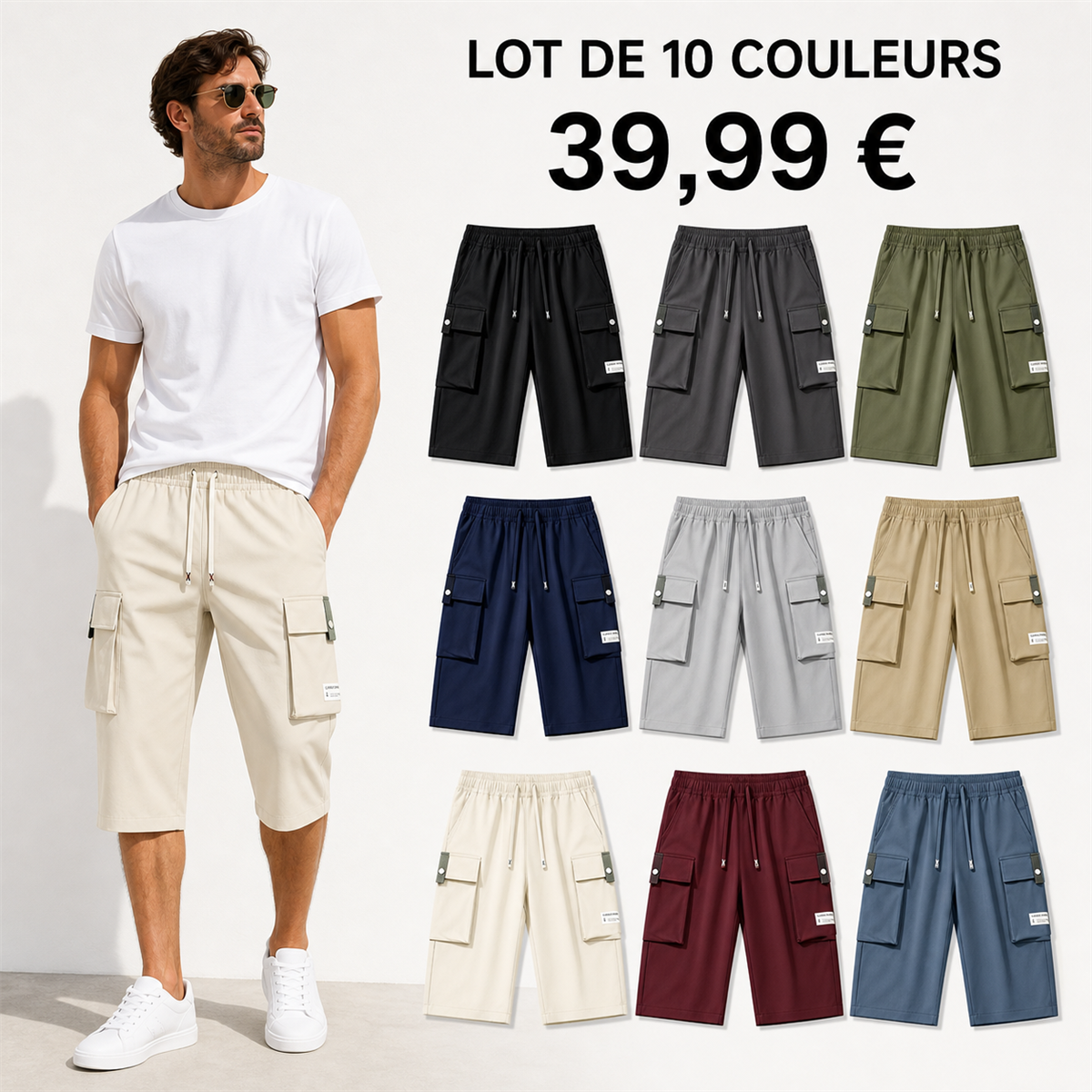 Offre en lot - Pantacourt cargo homme a taille elastiquee et cordon