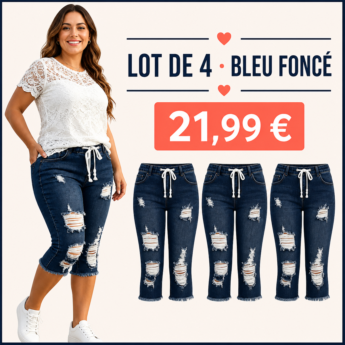 Offre en lot - Pantacourt en jean d茅chir茅 femme 脿 taille couliss茅e