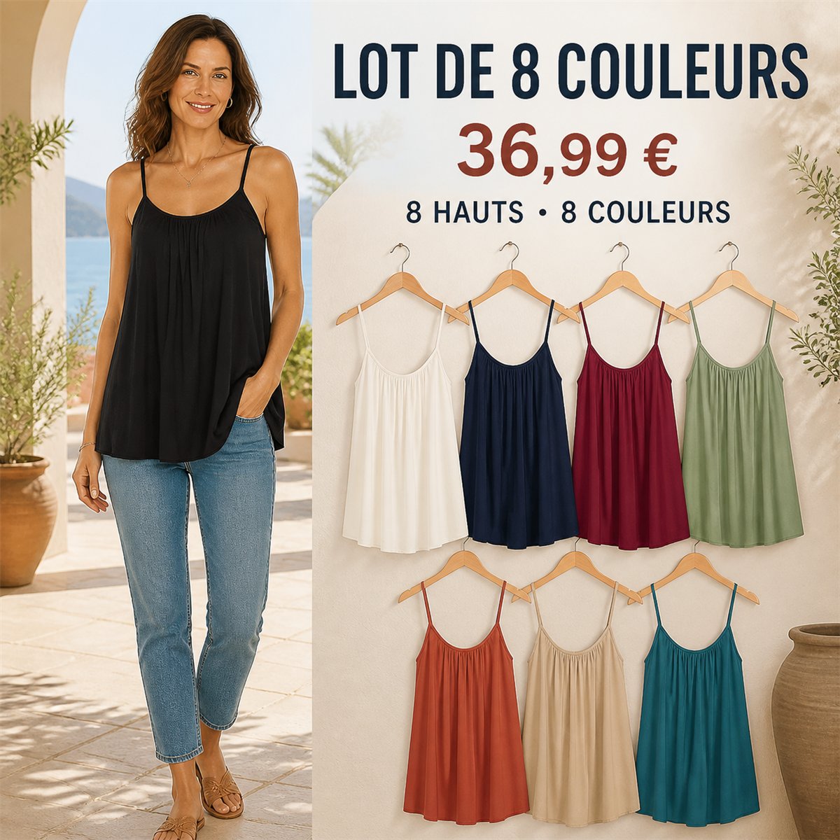 Offre en lot - Caraco fluide femme à fines bretelles et encolure froncée