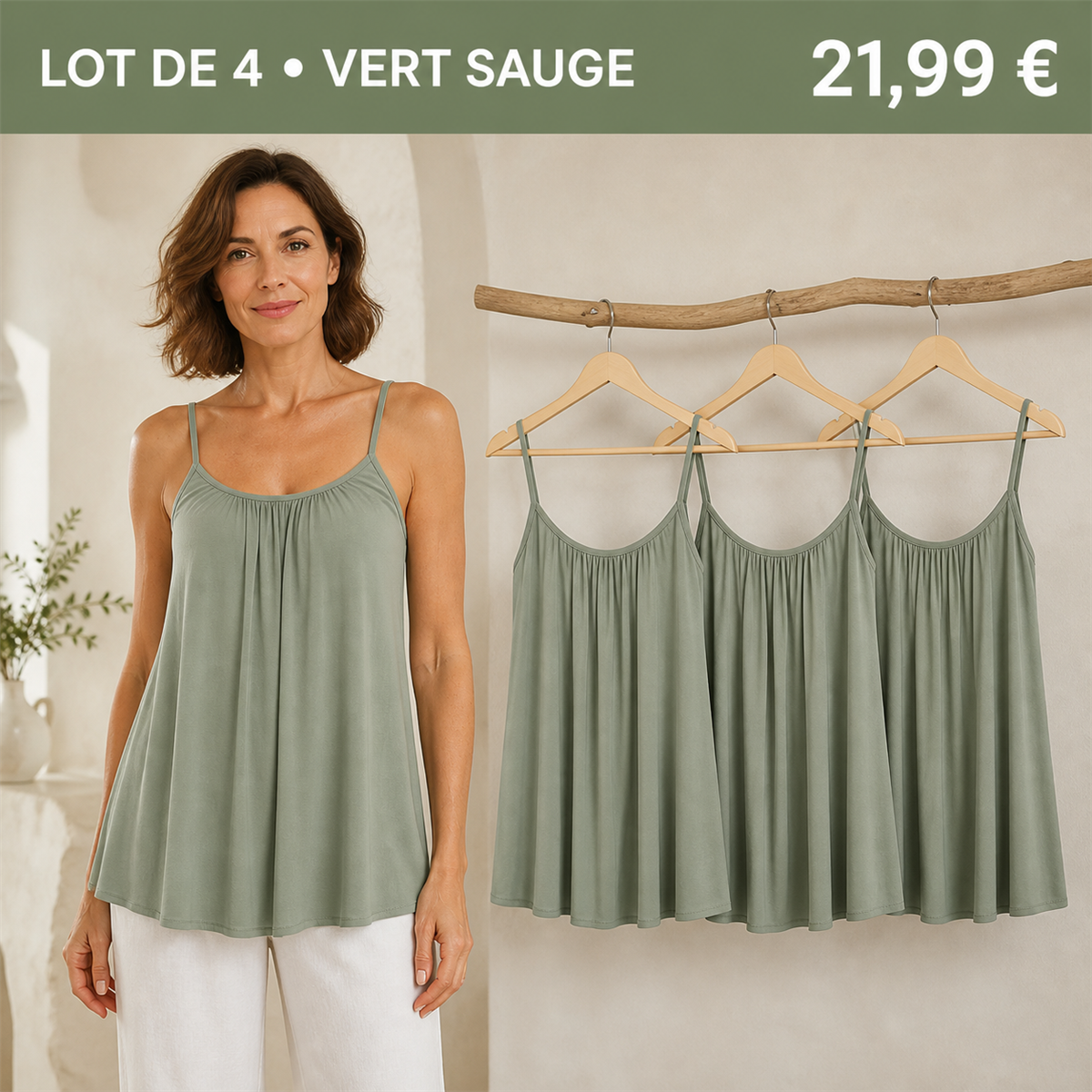 Offre en lot - Caraco fluide femme à fines bretelles et encolure froncée