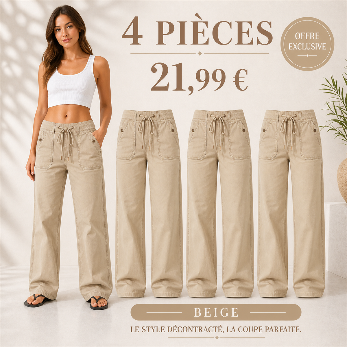 Offre en lot - Jean large femme à taille coulissée et grandes poches plaquées