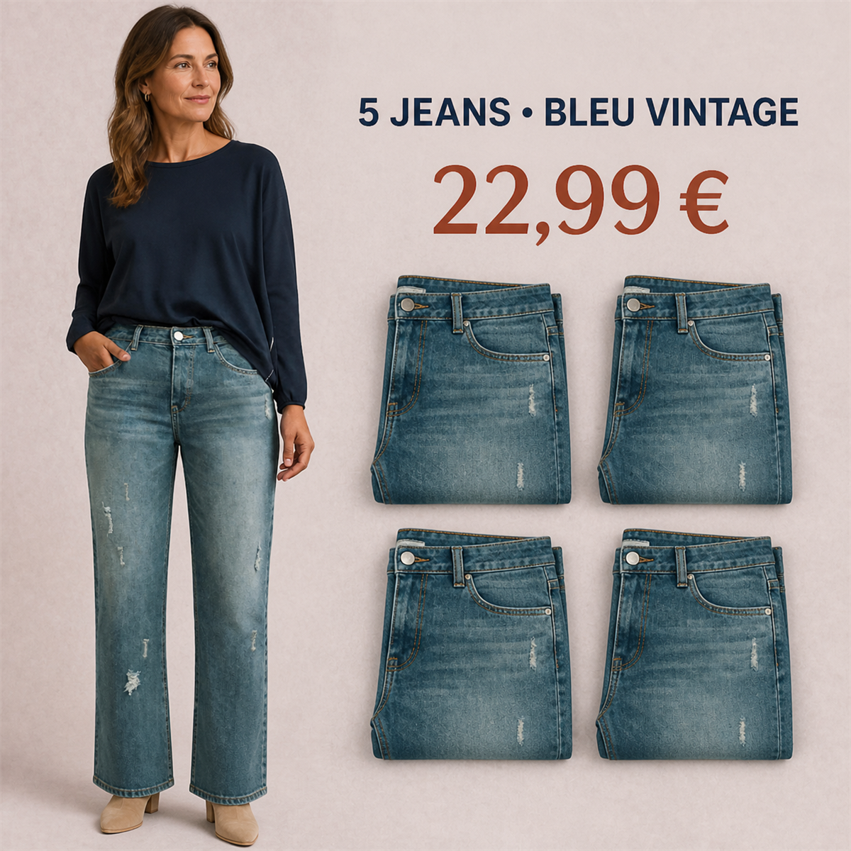 Offre en lot - Jean droit d茅lav茅 femme 脿 d茅tails us茅s