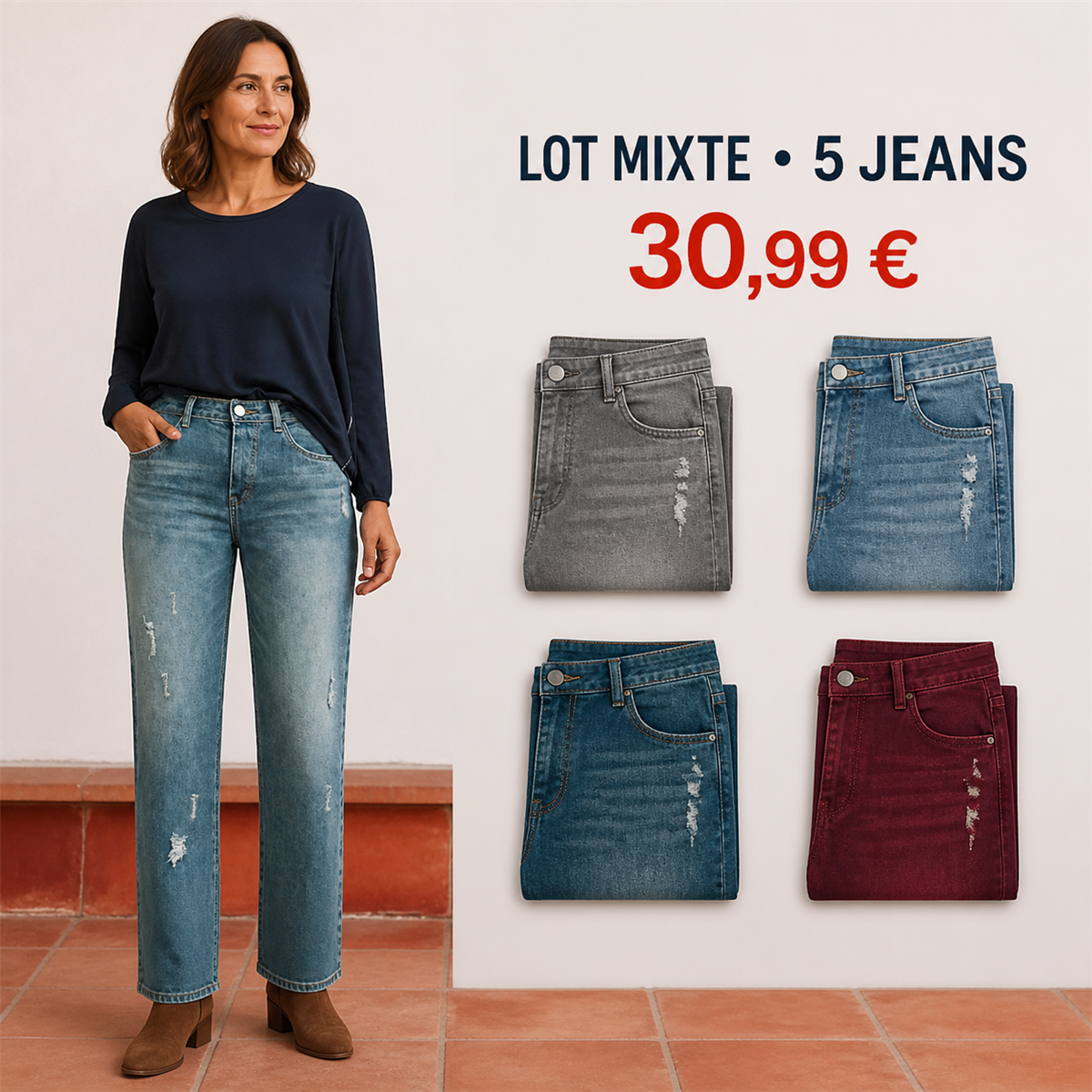 Offre en lot - Jean droit d茅lav茅 femme 脿 d茅tails us茅s