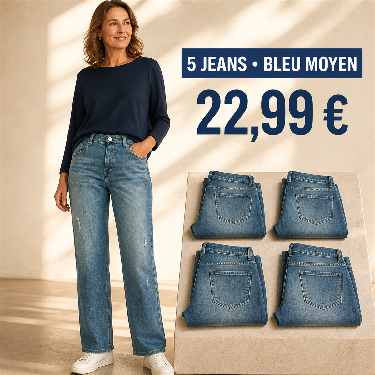 Offre en lot - Jean droit d茅lav茅 femme 脿 d茅tails us茅s