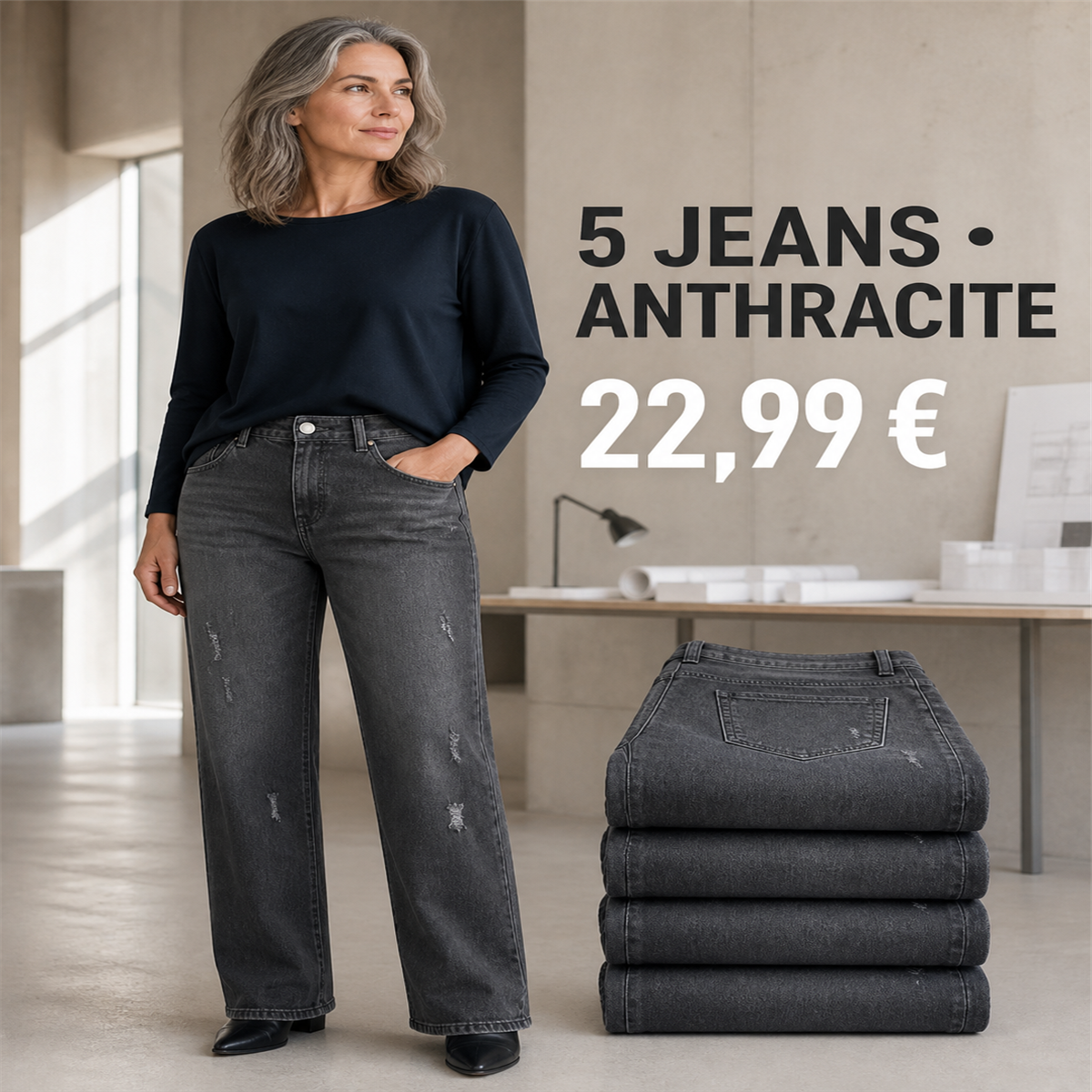 Offre en lot - Jean droit d茅lav茅 femme 脿 d茅tails us茅s