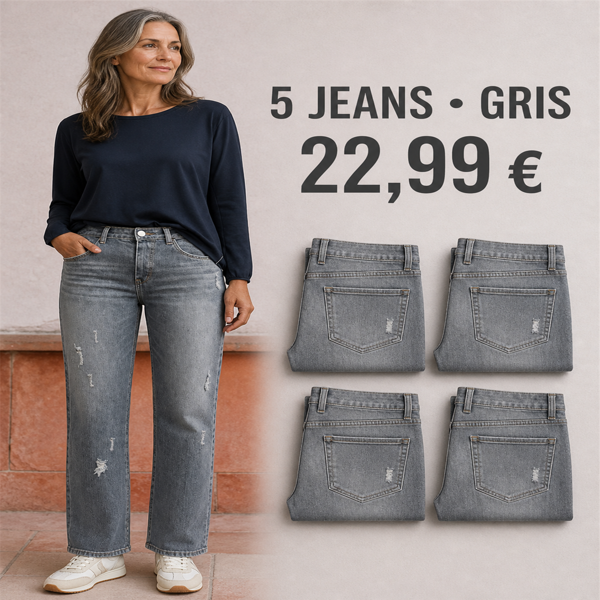 Offre en lot - Jean droit d茅lav茅 femme 脿 d茅tails us茅s