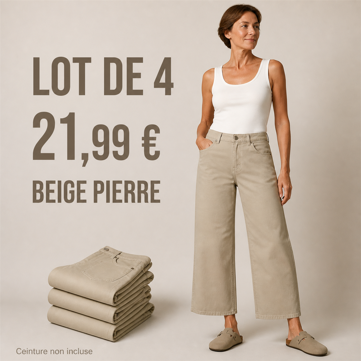 Offre en lot - Pantalon court large femme 脿 taille boutonn茅e