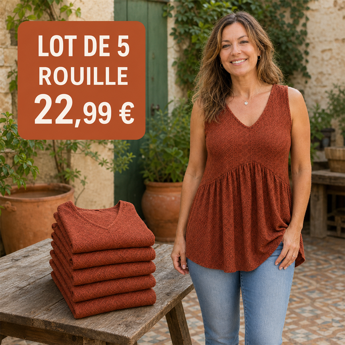 Offre en lot - Top sans manches femme 脿 col V et bas 茅vas茅 textur茅