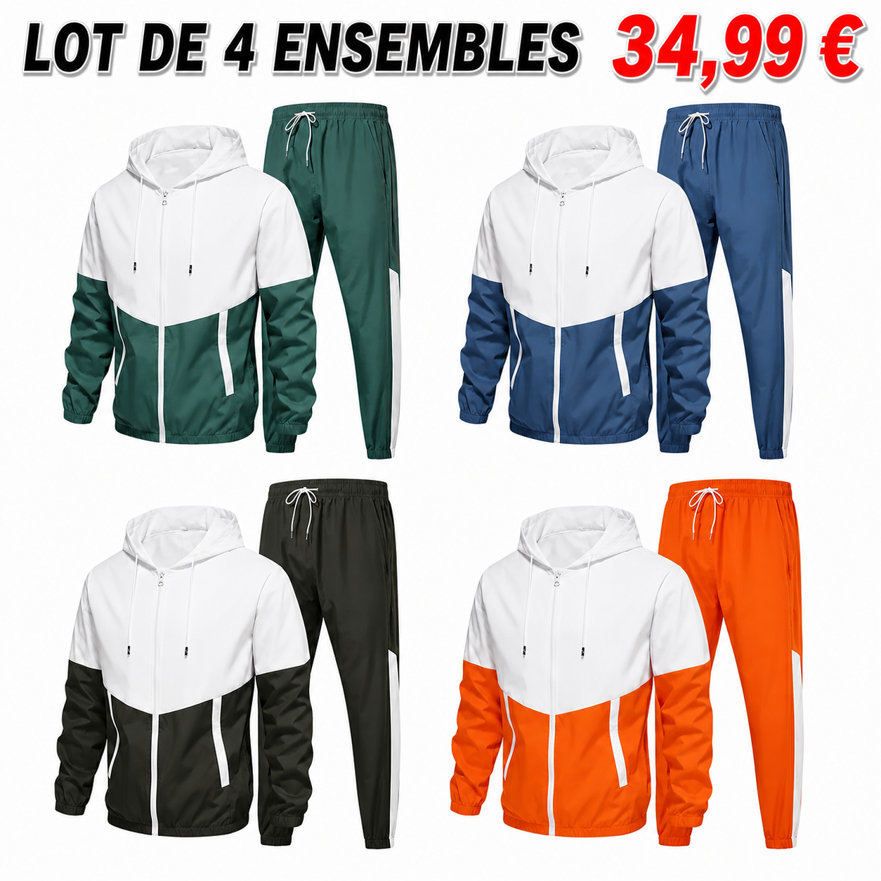 Ensemble unisexe hoodie à cordon de serrage color-block et pantalon de survêtement à finition côtelée française