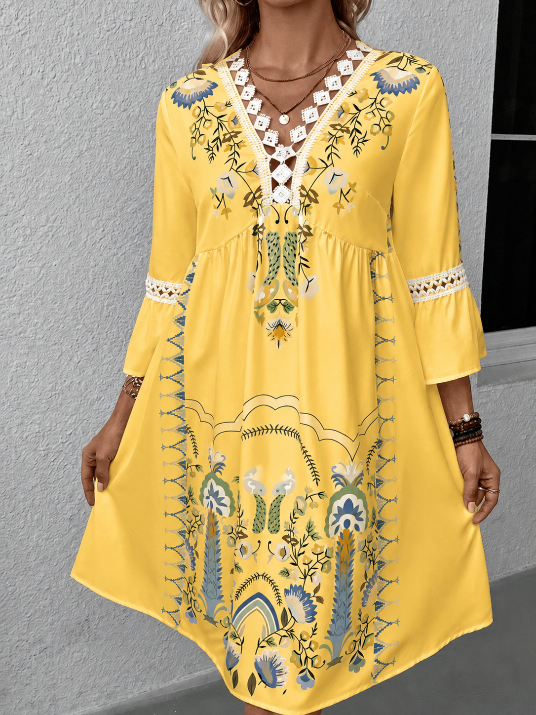 Lace Detail Printed Three-Quarter Sleeve Dress