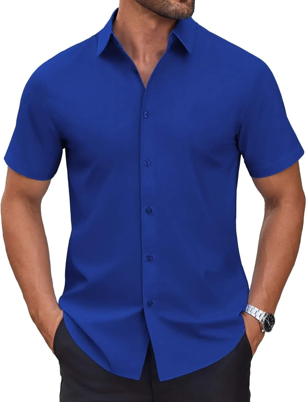 Chemise habillée à manches courtes pour homme – Sans repassage, décontractée, boutonnée, idéale à porter hors du pantalon pour l’été