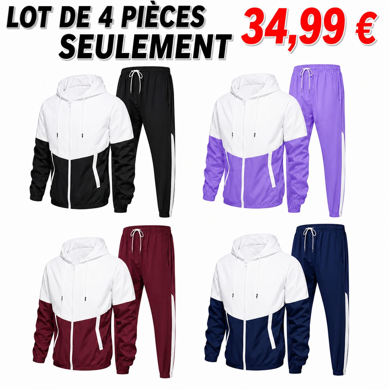 Ensemble unisexe hoodie à cordon de serrage color-block et pantalon de survêtement à finition côtelée française