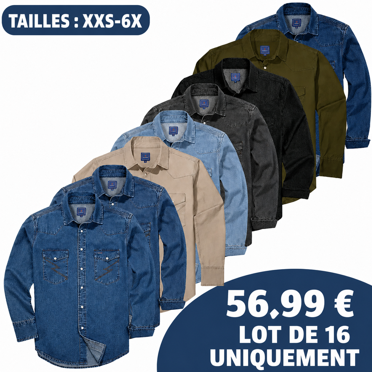 🔥VENTE FLASH🔥 Chemise de travail en denim délavé et pré-lavé à manches longues pour homme
