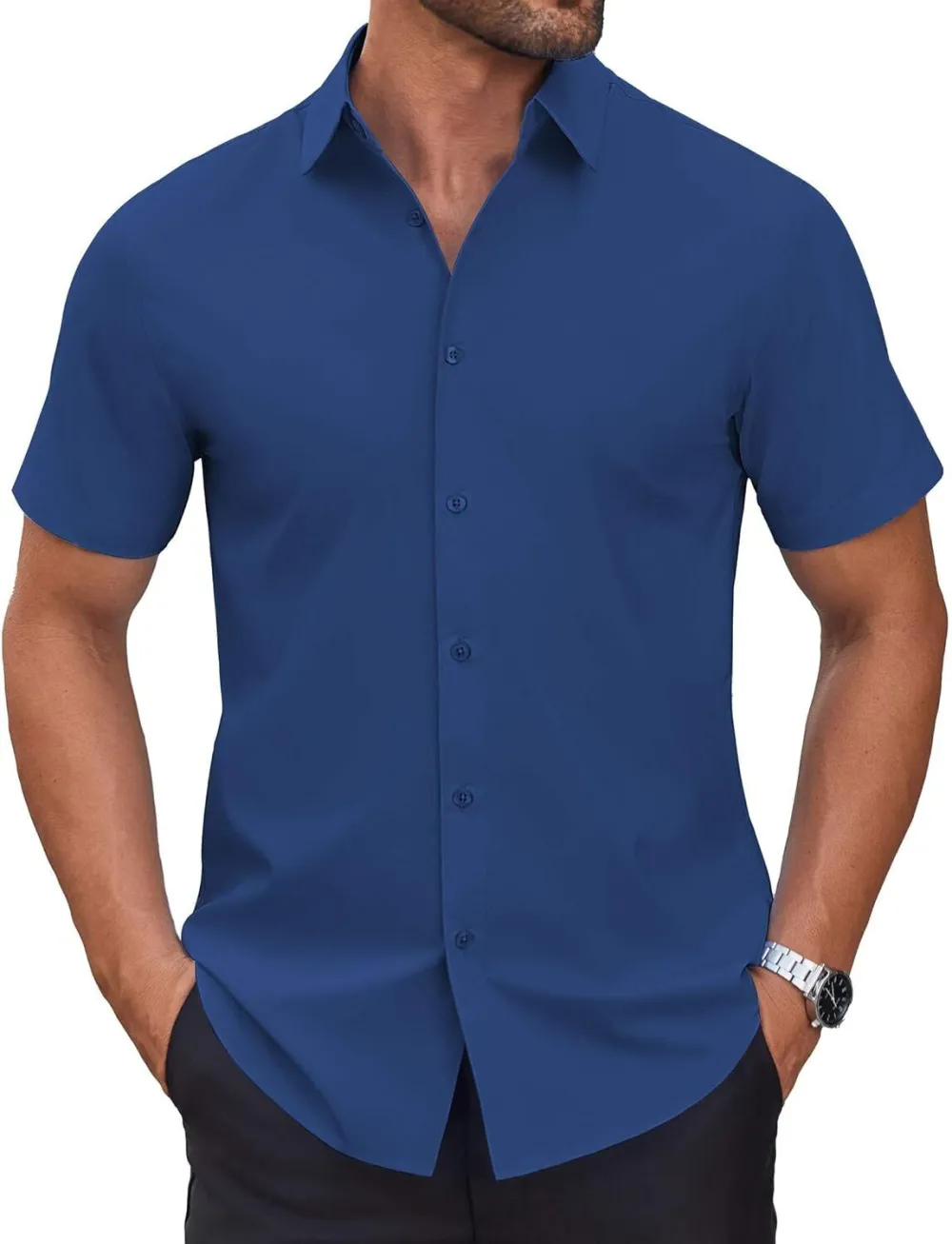 Chemise habillée à manches courtes pour homme – Sans repassage, décontractée, boutonnée, idéale à porter hors du pantalon pour l’été