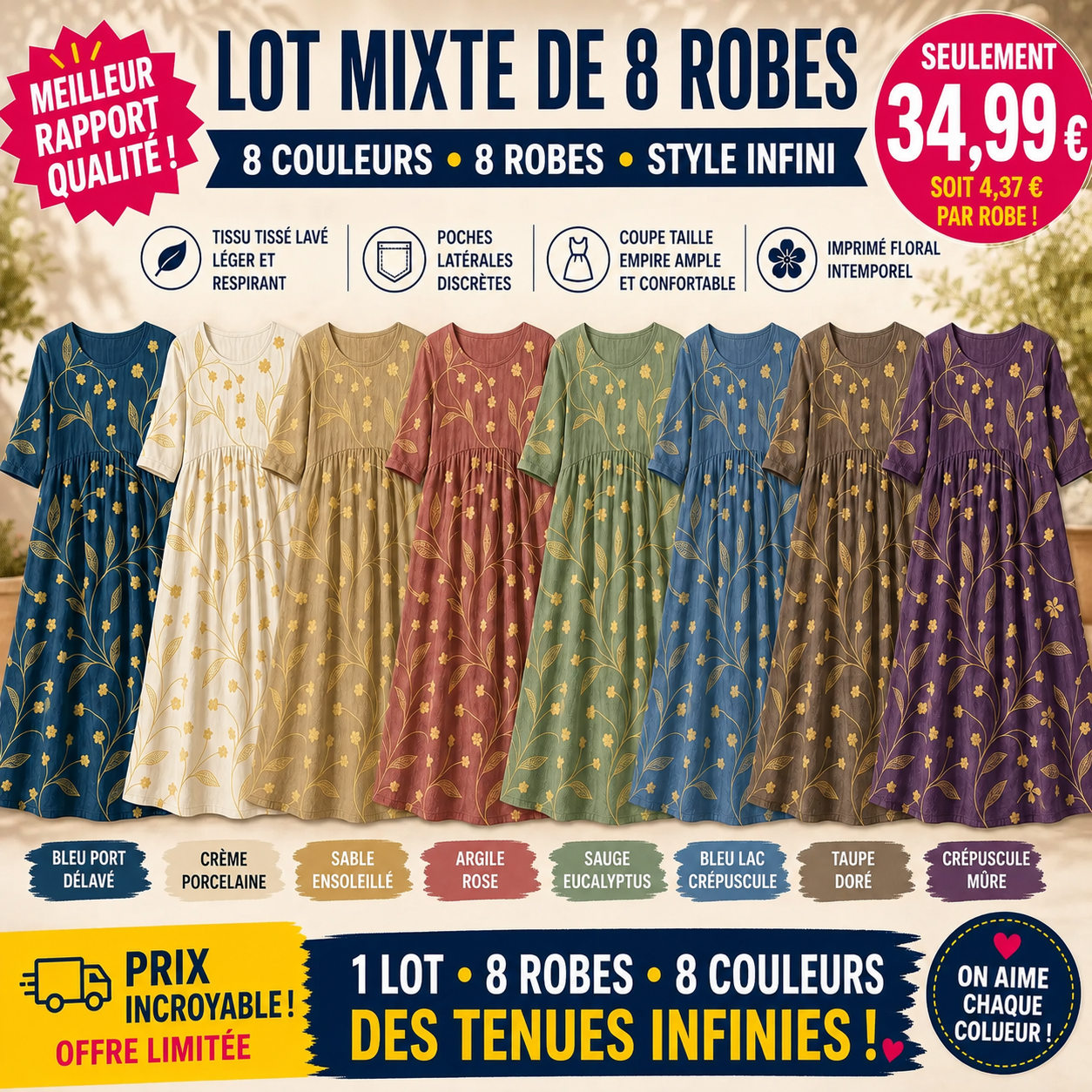 Lot de 8 Robes Midi Femme Imprimées – Col Rond, Taille Empire et Poches Pratiques