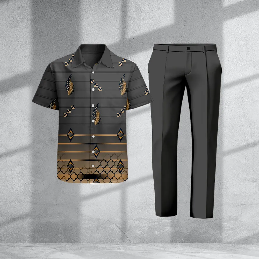 Men's Casual Retro Print Polo Collar Zipper Short-Sleeve Pants Two-Piece Set