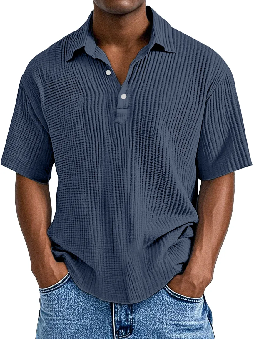 Polo à manches courtes pour homme, style décontracté quotidien, coupe ample avec texture plissée et col à revers