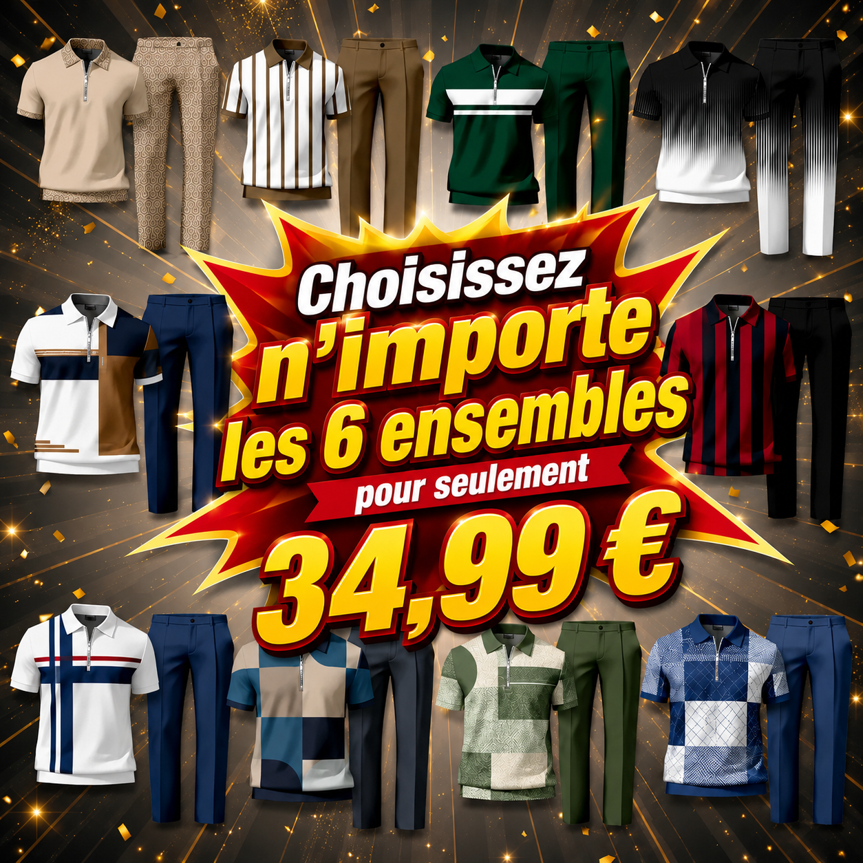 Ensemble coordonné homme polo rayé à col zippé et pantalon ajusté – Tenue deux pièces chic décontractée