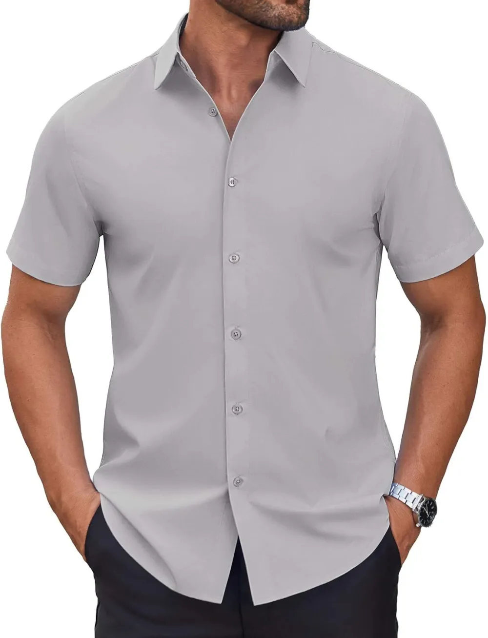 Chemise habillée à manches courtes pour homme – Sans repassage, décontractée, boutonnée, idéale à porter hors du pantalon pour l’été