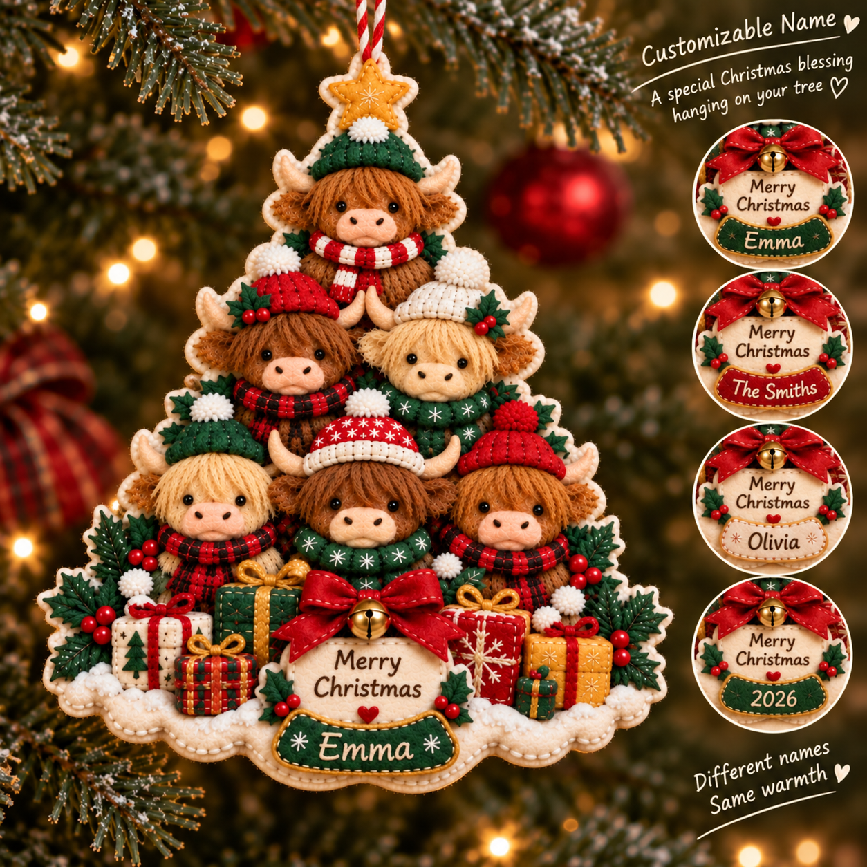 Customizable Name Highland Cow Family Christmas Ornament