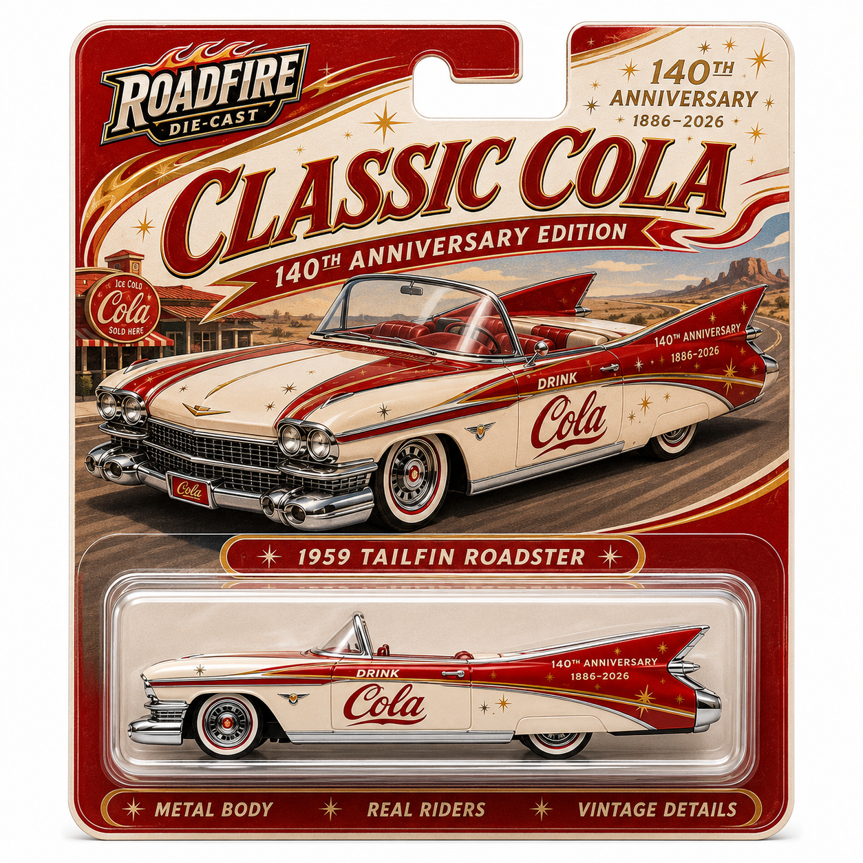 Classic Cola 140th Anniversary Tailfin Roadster | 1959 Vintage Convertible Die-Cast Collectible