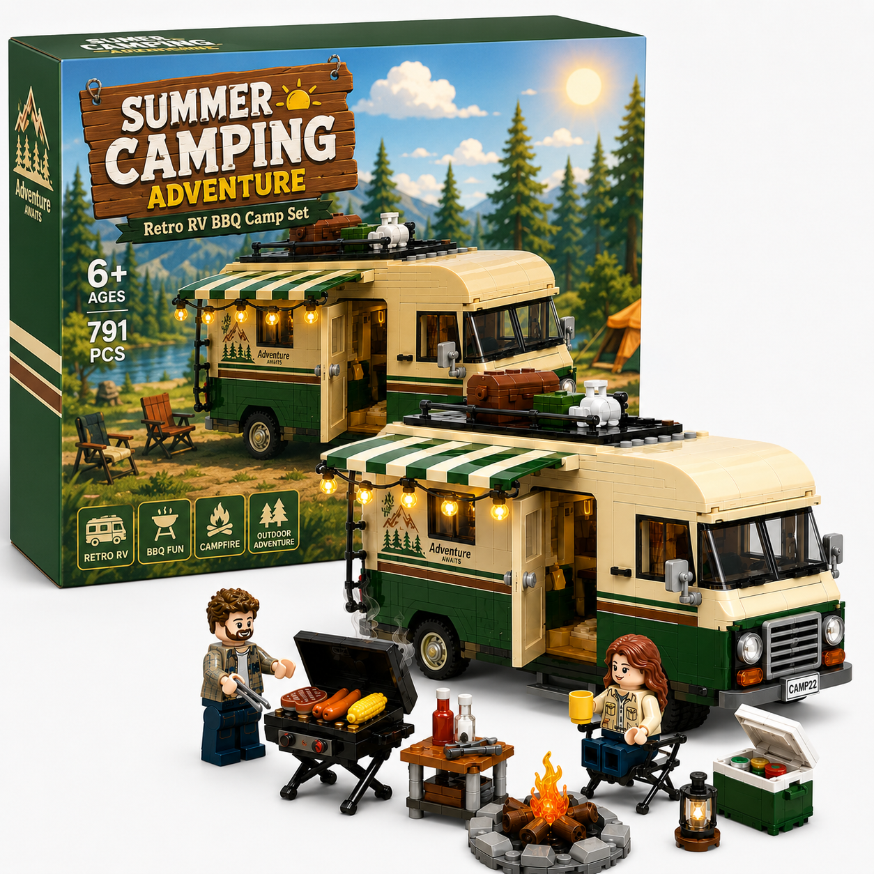 Summer Camping Adventure Retro RV BBQ Building Set