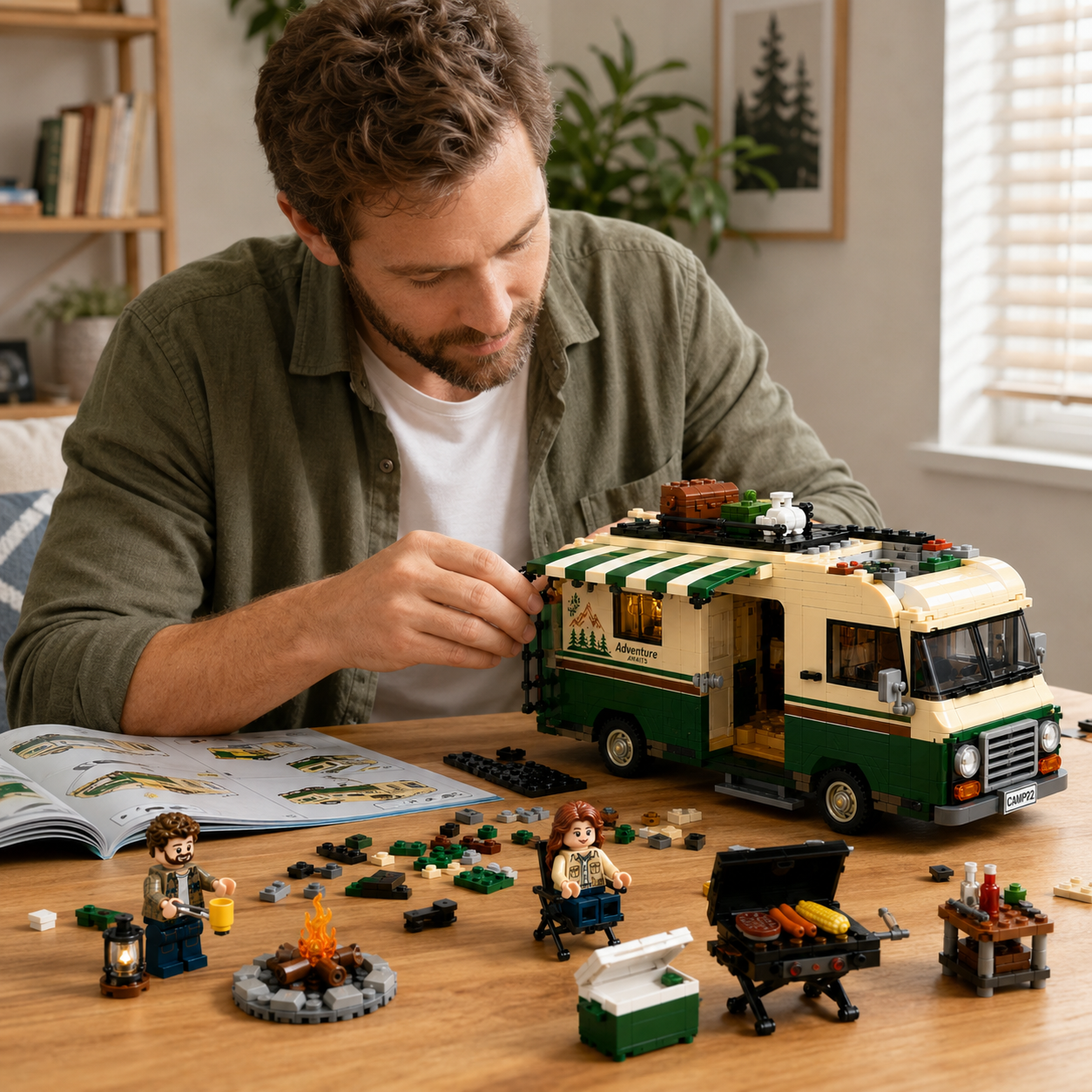 Summer Camping Adventure Retro RV BBQ Building Set