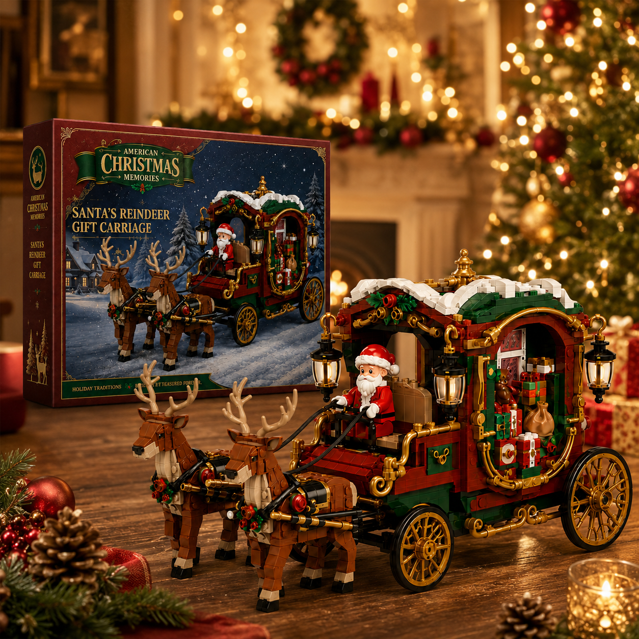 American Christmas Memories – Santa’s Reindeer Gift Carriage Building Set