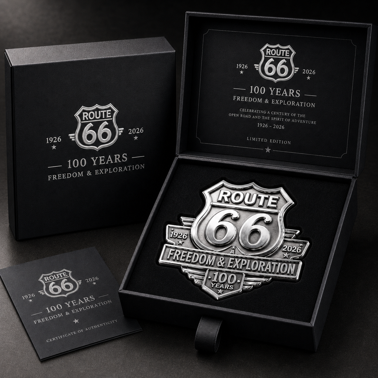 Route 66 Centennial “Freedom & Exploration” 3D Metal Car Emblem Gift Set