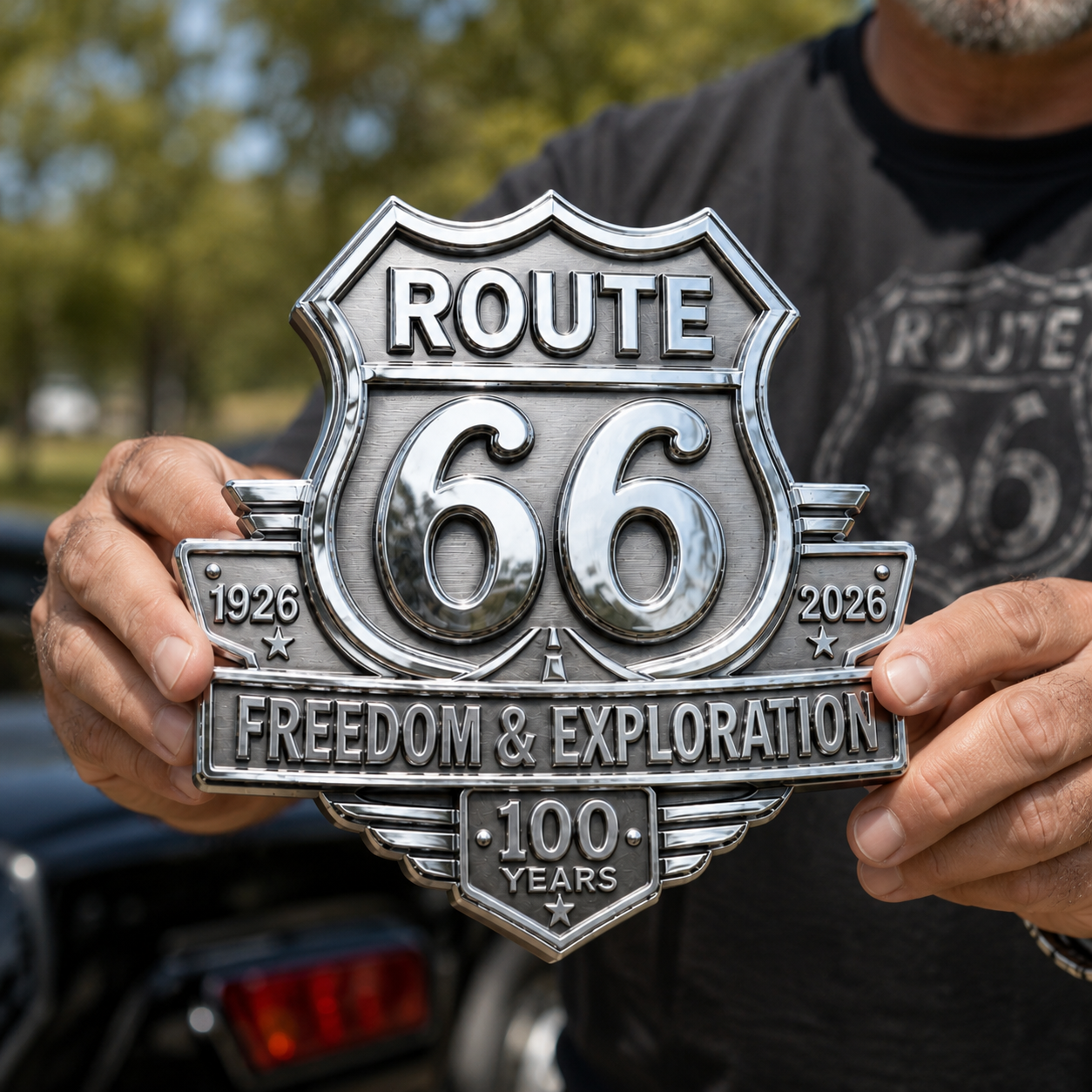 Route 66 Centennial “Freedom & Exploration” 3D Metal Car Emblem Gift Set
