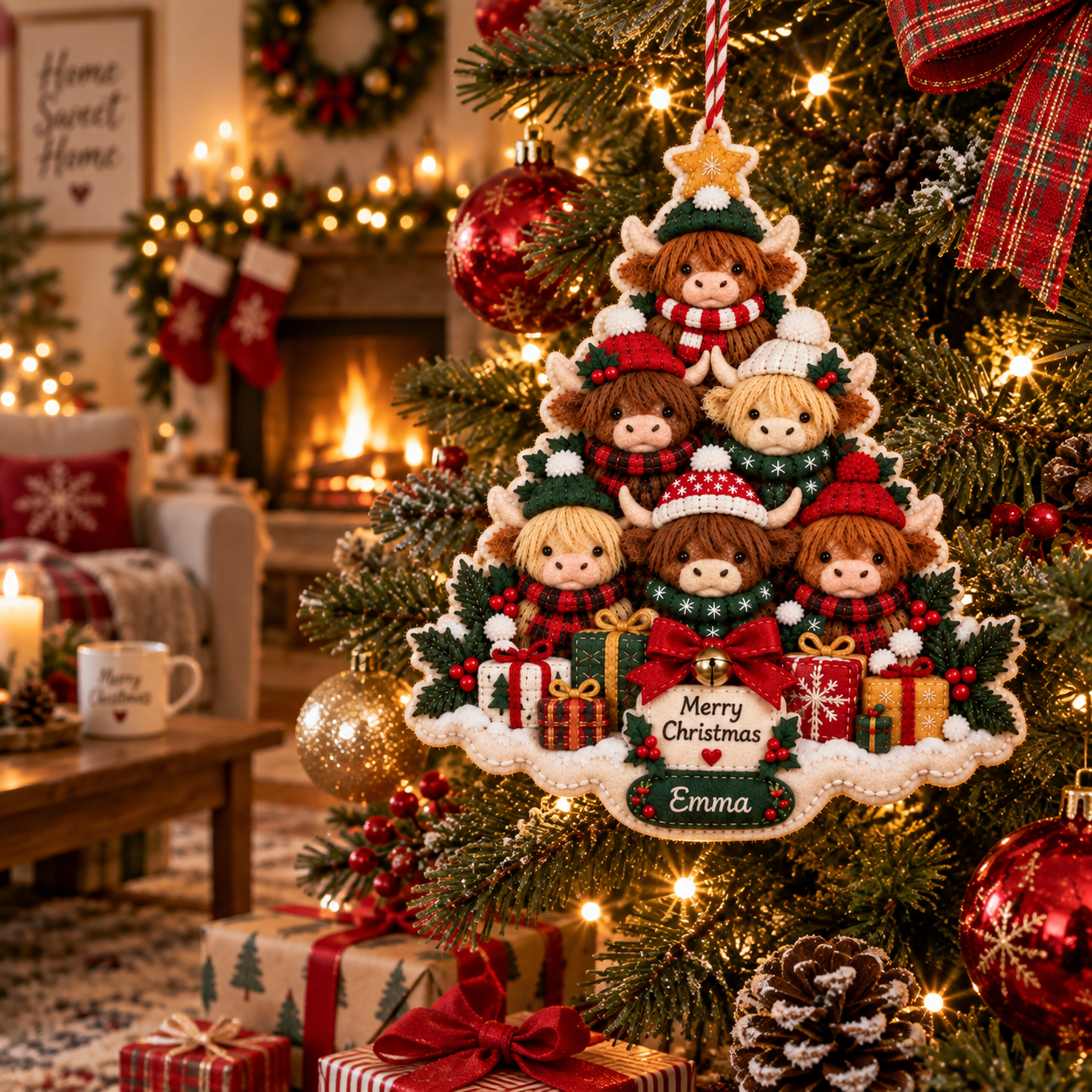 Customizable Name Highland Cow Family Christmas Ornament