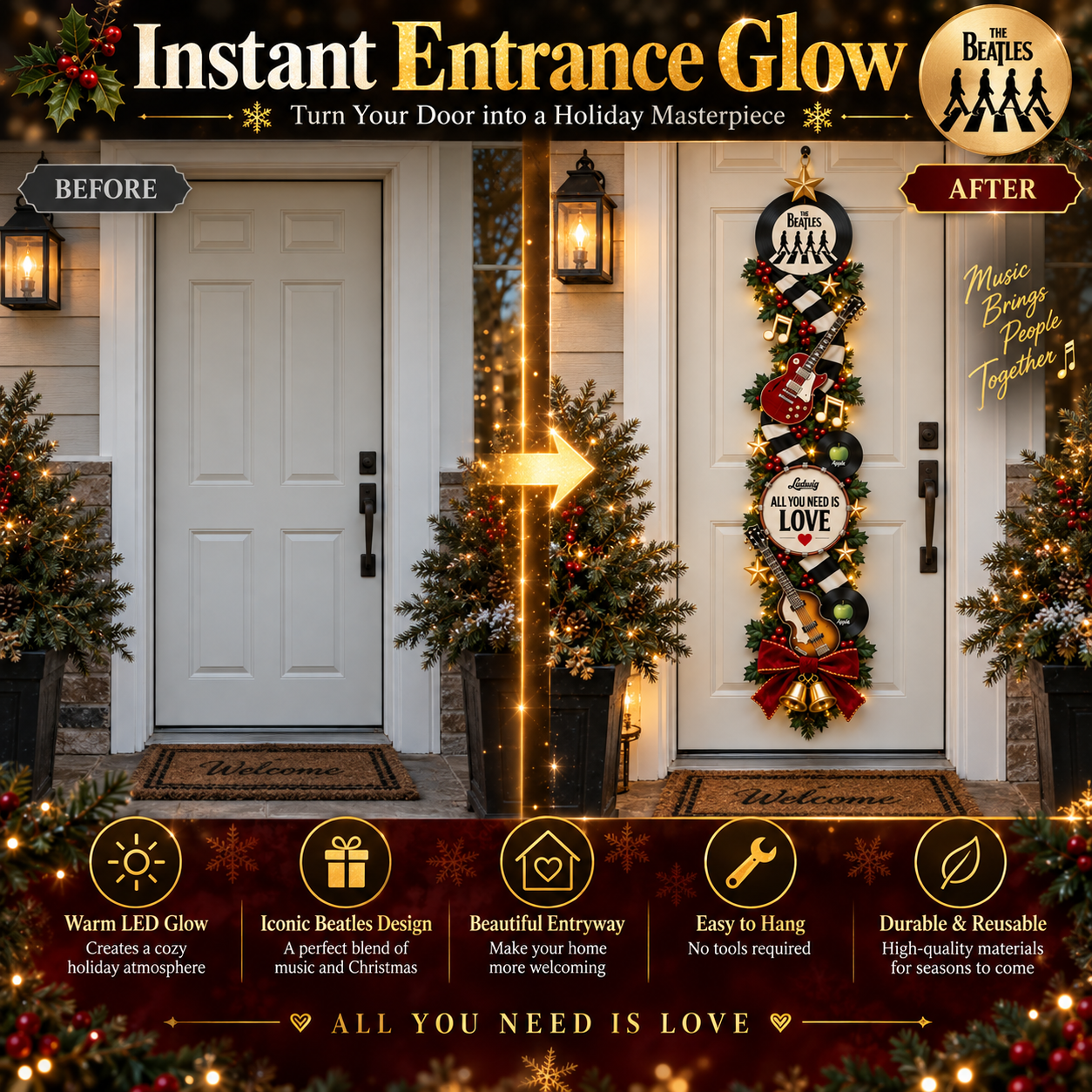 🎸❤️ The Beatles Christmas Light-Up Door Hanging