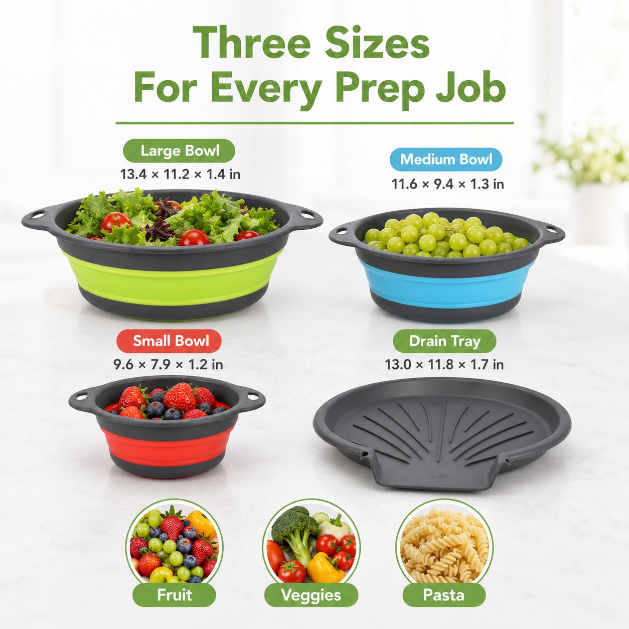 Three sizes of collapsible draining bowls and drain tray