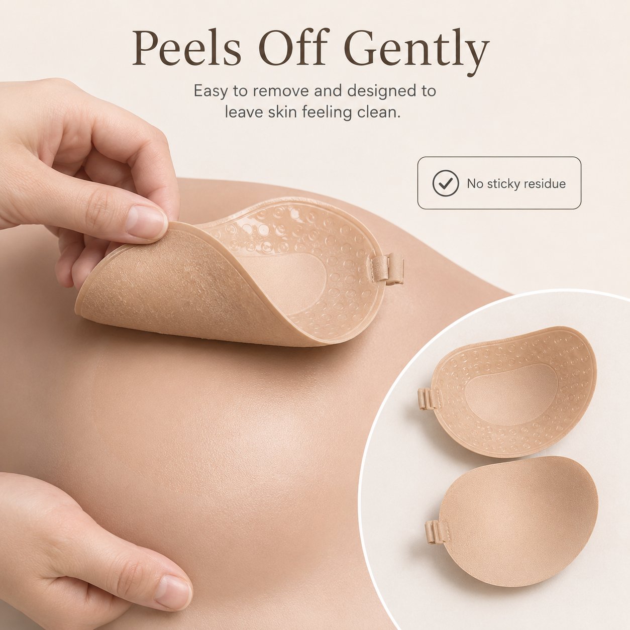 Close view demonstrating gentle removal of an adhesive bra from skin without sticky residue
