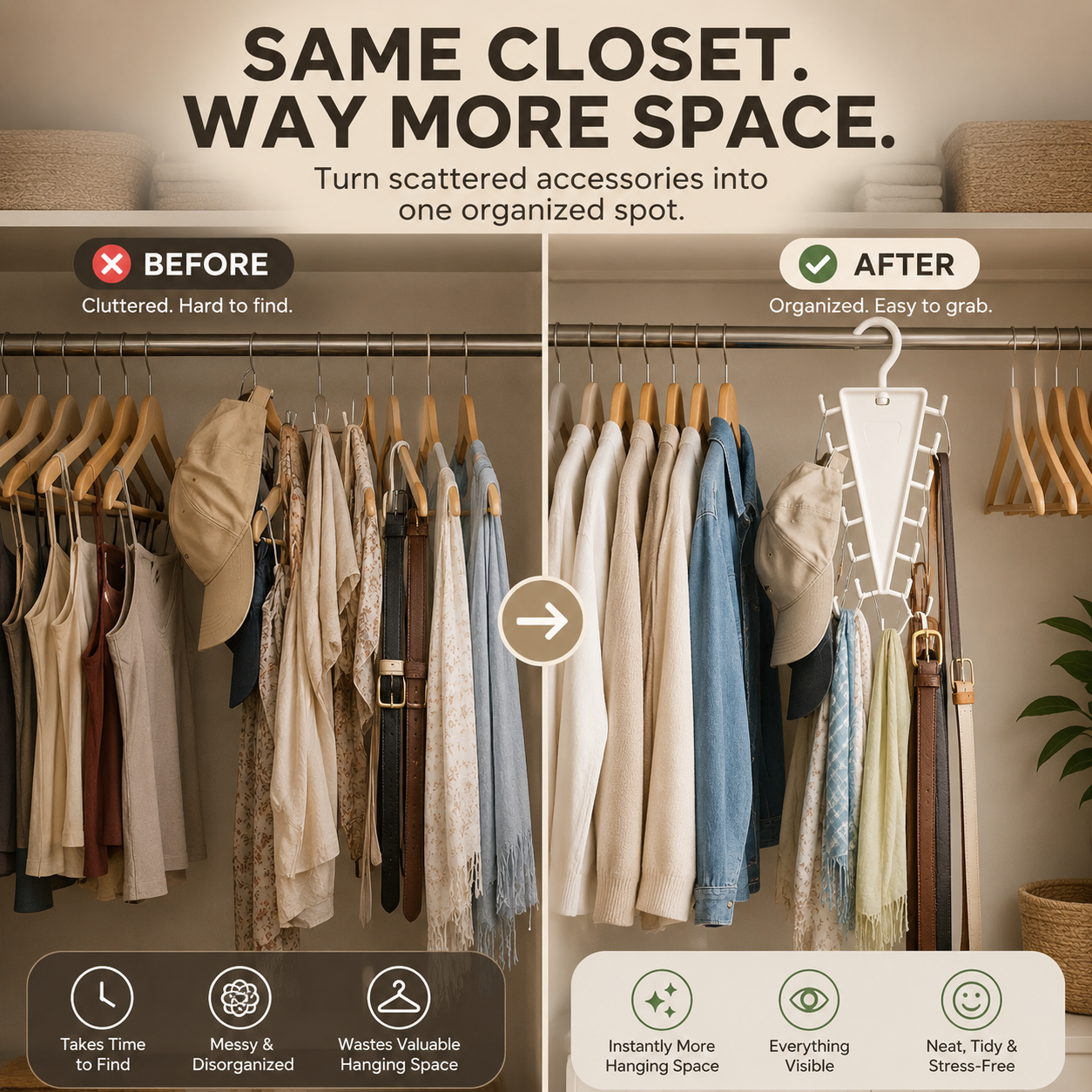 Before and after closet organization with vertical hanging organizer