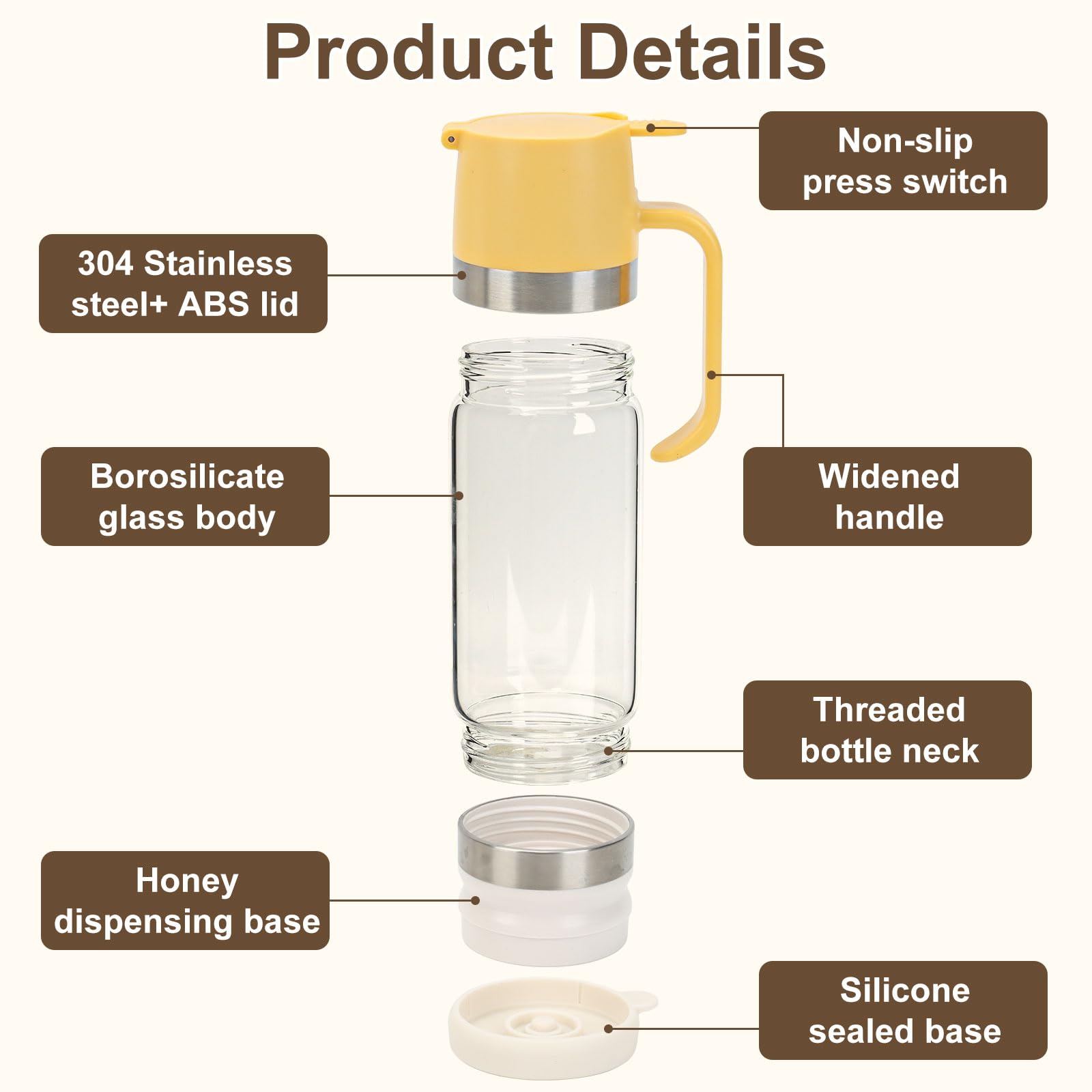 Borosilicate glass and stainless steel construction