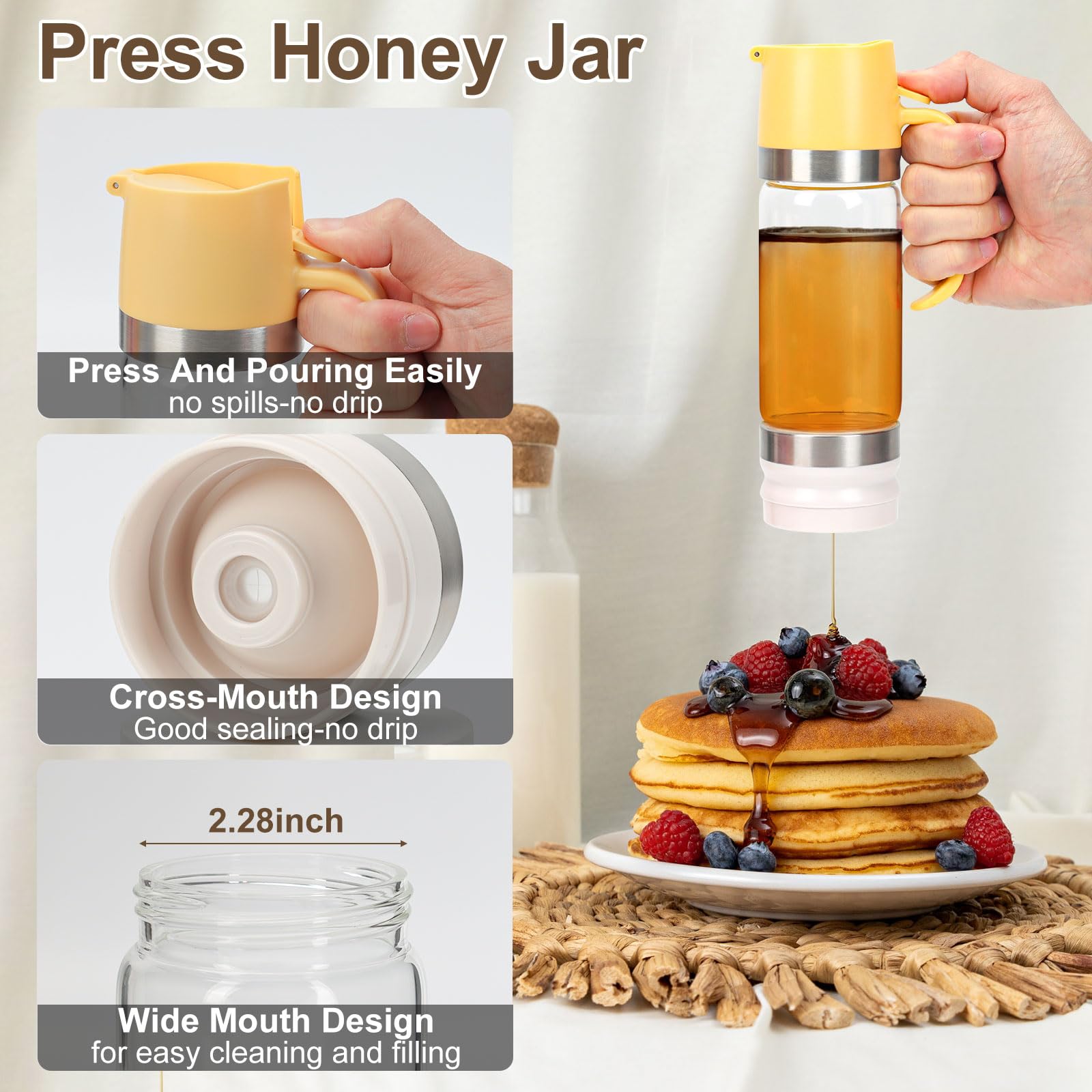 Cross-mouth seal prevents drips keeps syrup fresh