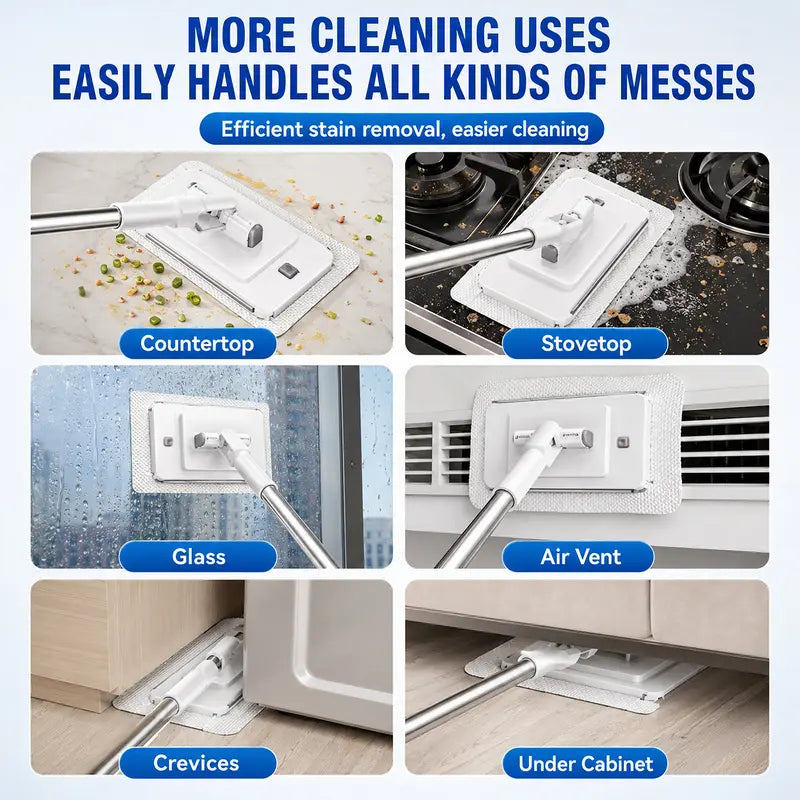 Multi-purpose flat mop for countertops floors glass vents and tight spaces