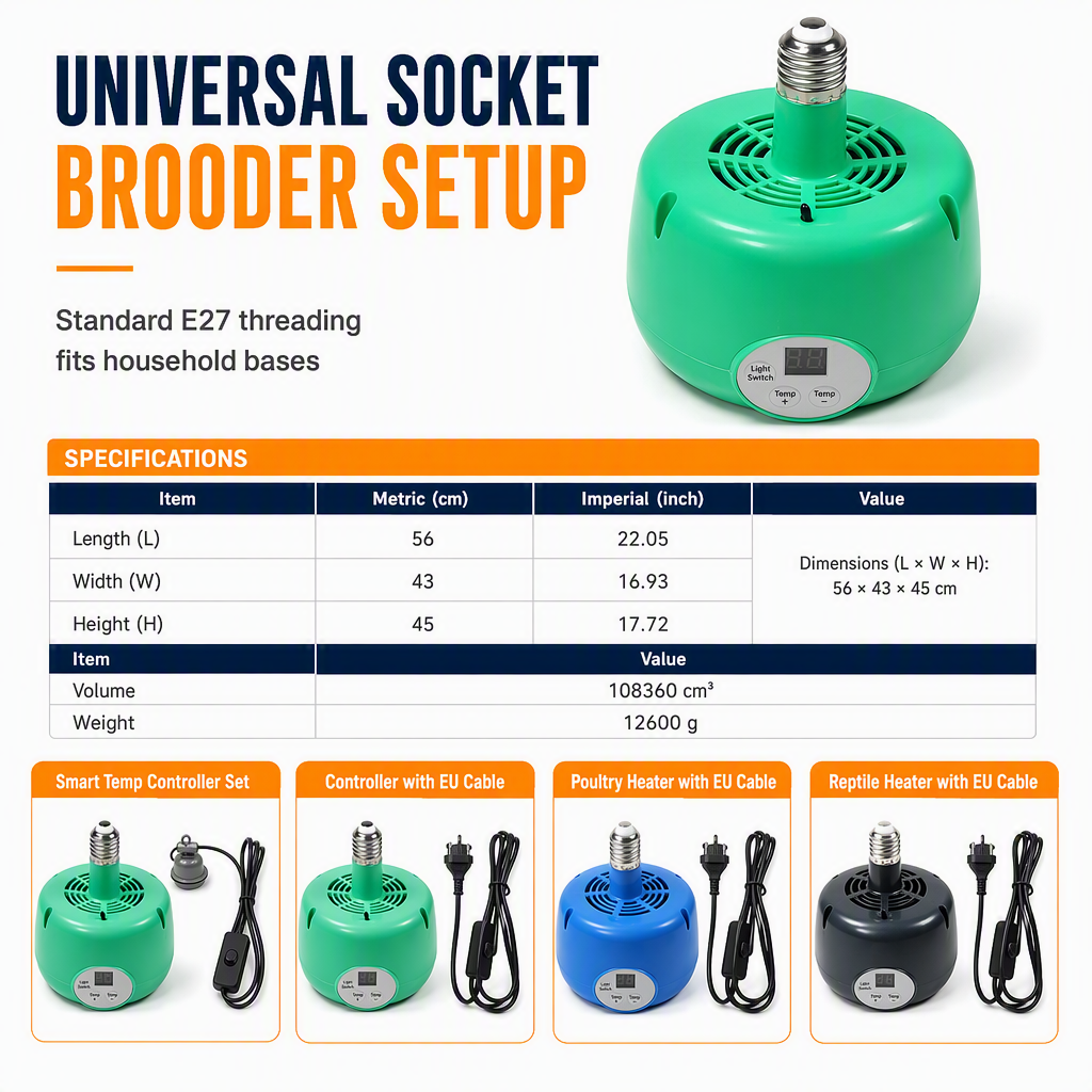 Compact E27 brooder heater dimensions