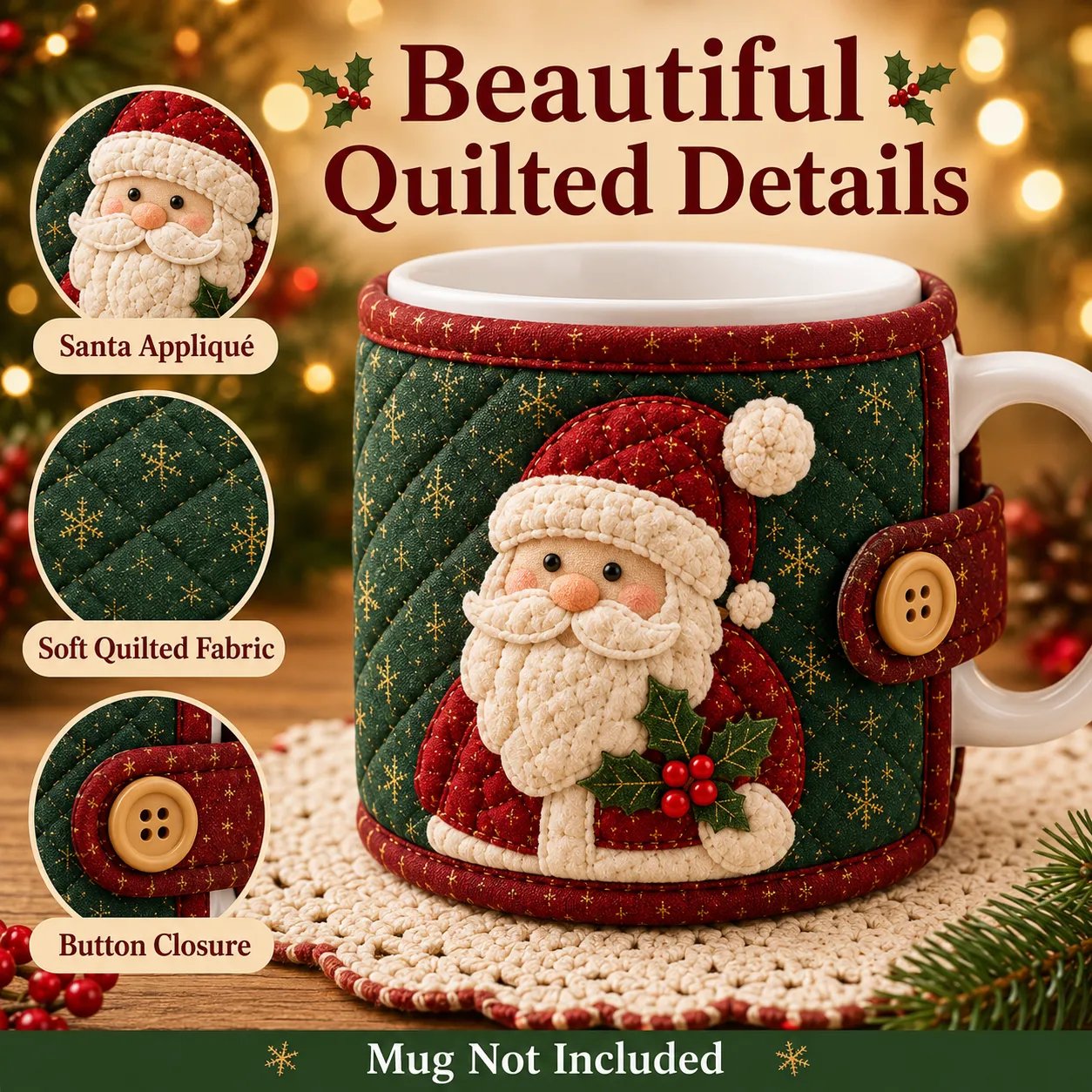 Christmas mug cozy quilted details