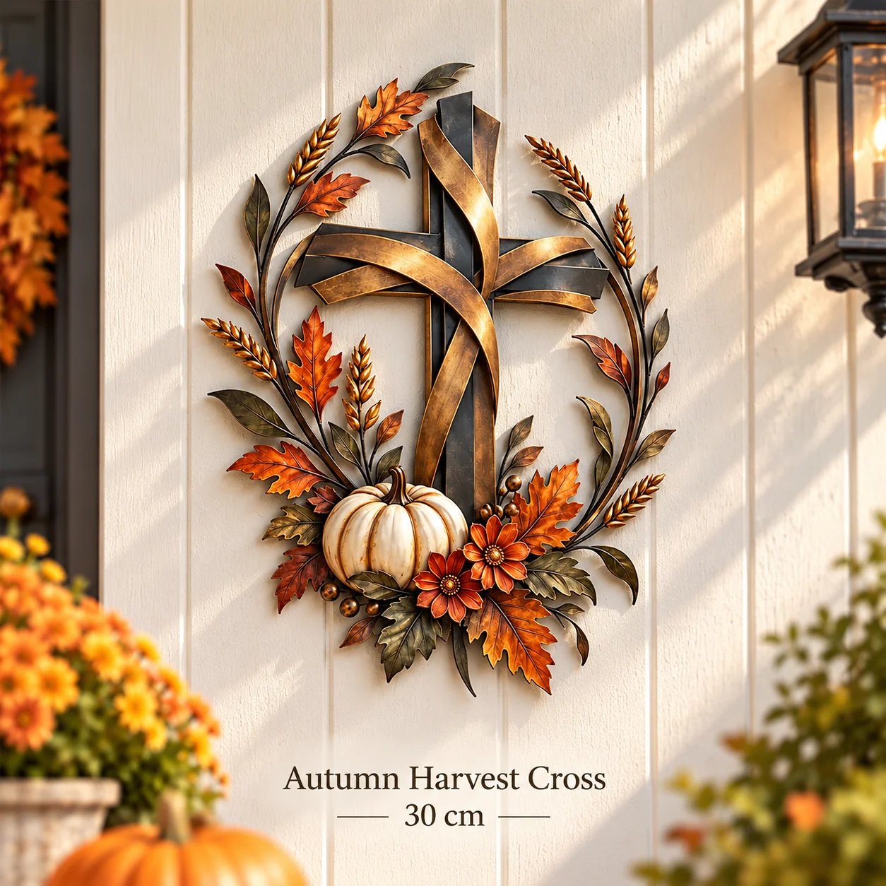 A bronze-toned Autumn Harvest Cross with a white pumpkin and fall foliage, shown in the 30 cm size.