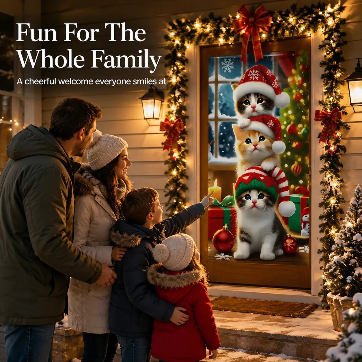 Family enjoying a festive Christmas cat door curtain