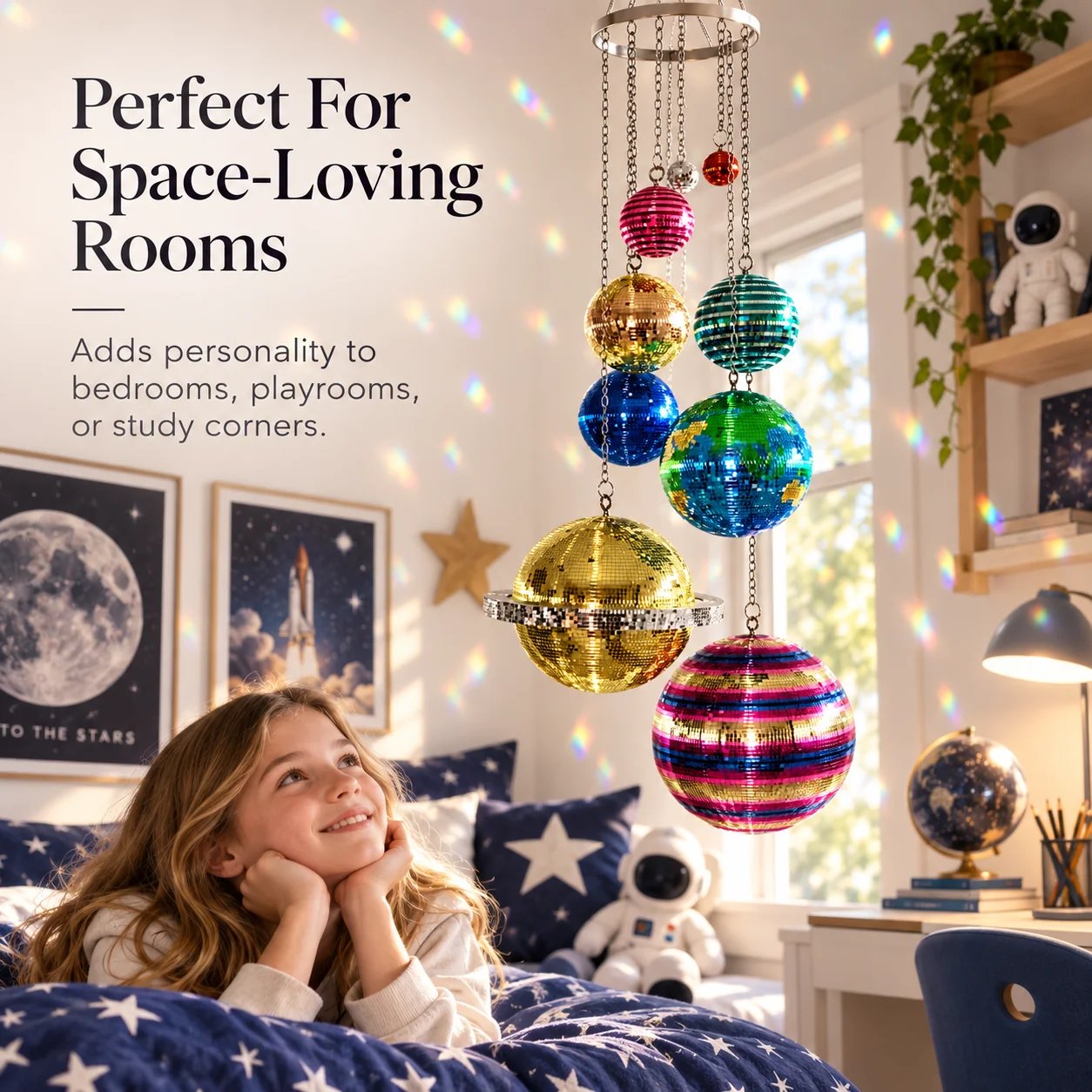 Colorful solar system disco ball mobile in space themed bedroom near window