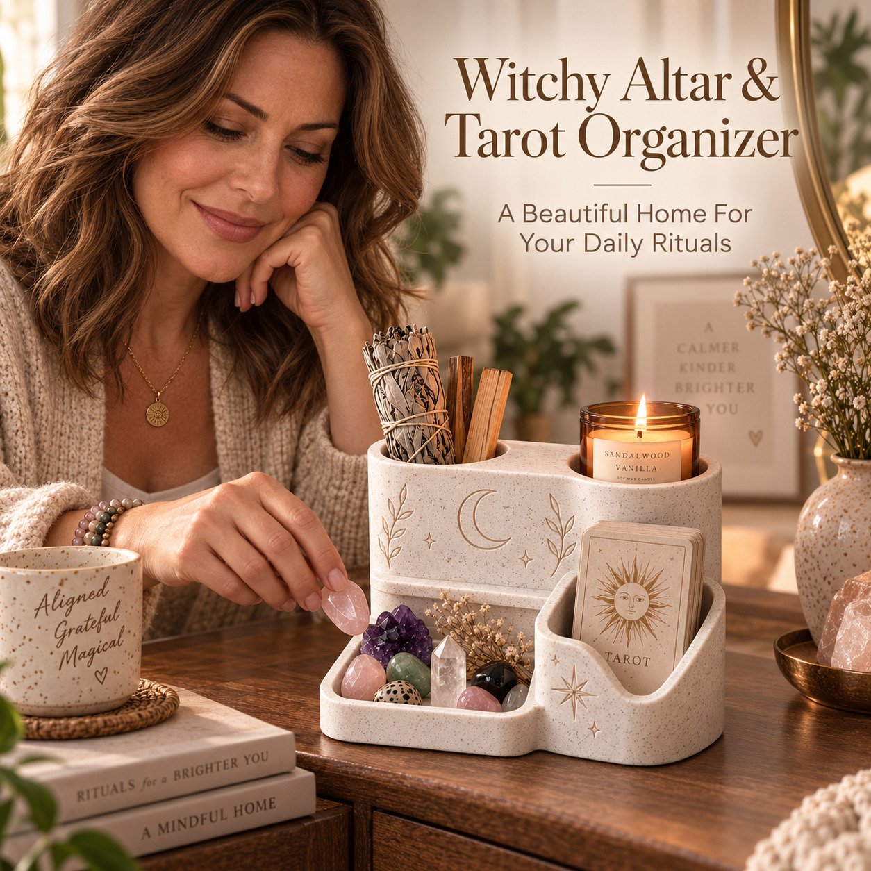 Witchy altar organizer styled with tarot cards crystals incense and candle