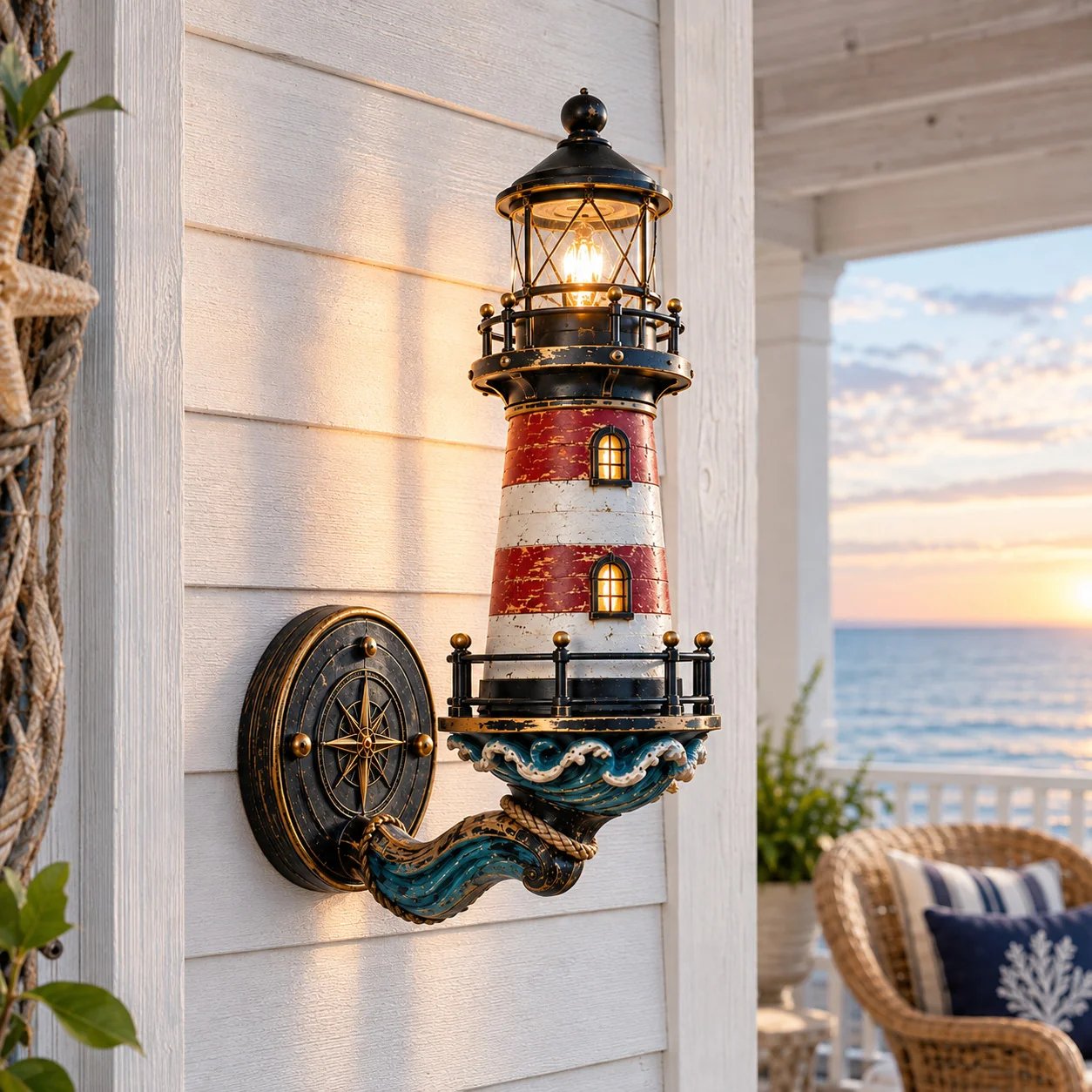 Vintage red and cream lighthouse wall light glowing on a bright coastal porch