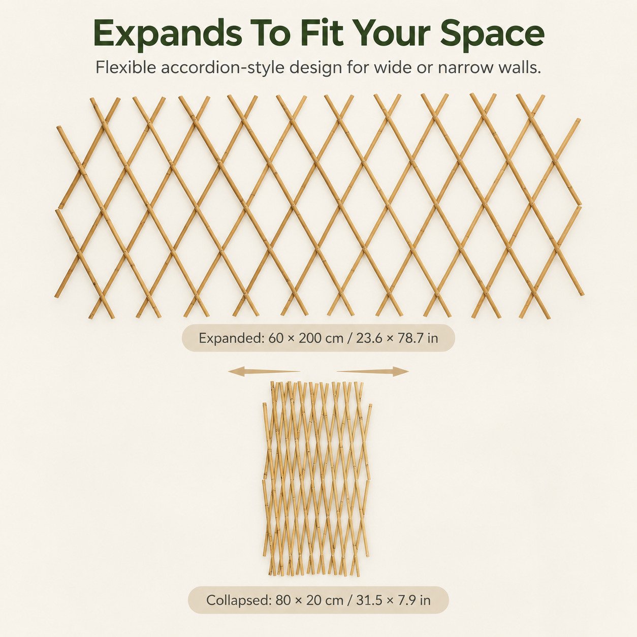 Expandable accordion style bamboo plant trellis in expanded and collapsed positions