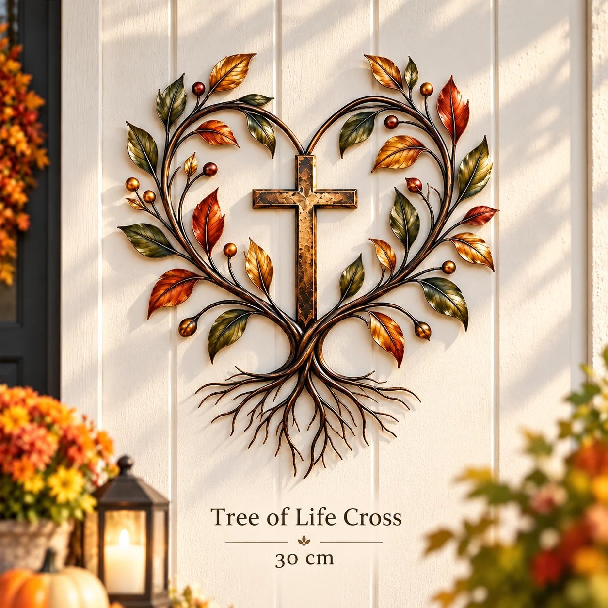 A Tree of Life Cross with heart-shaped branches, autumn leaves and flowing roots, shown in the 30 cm size.