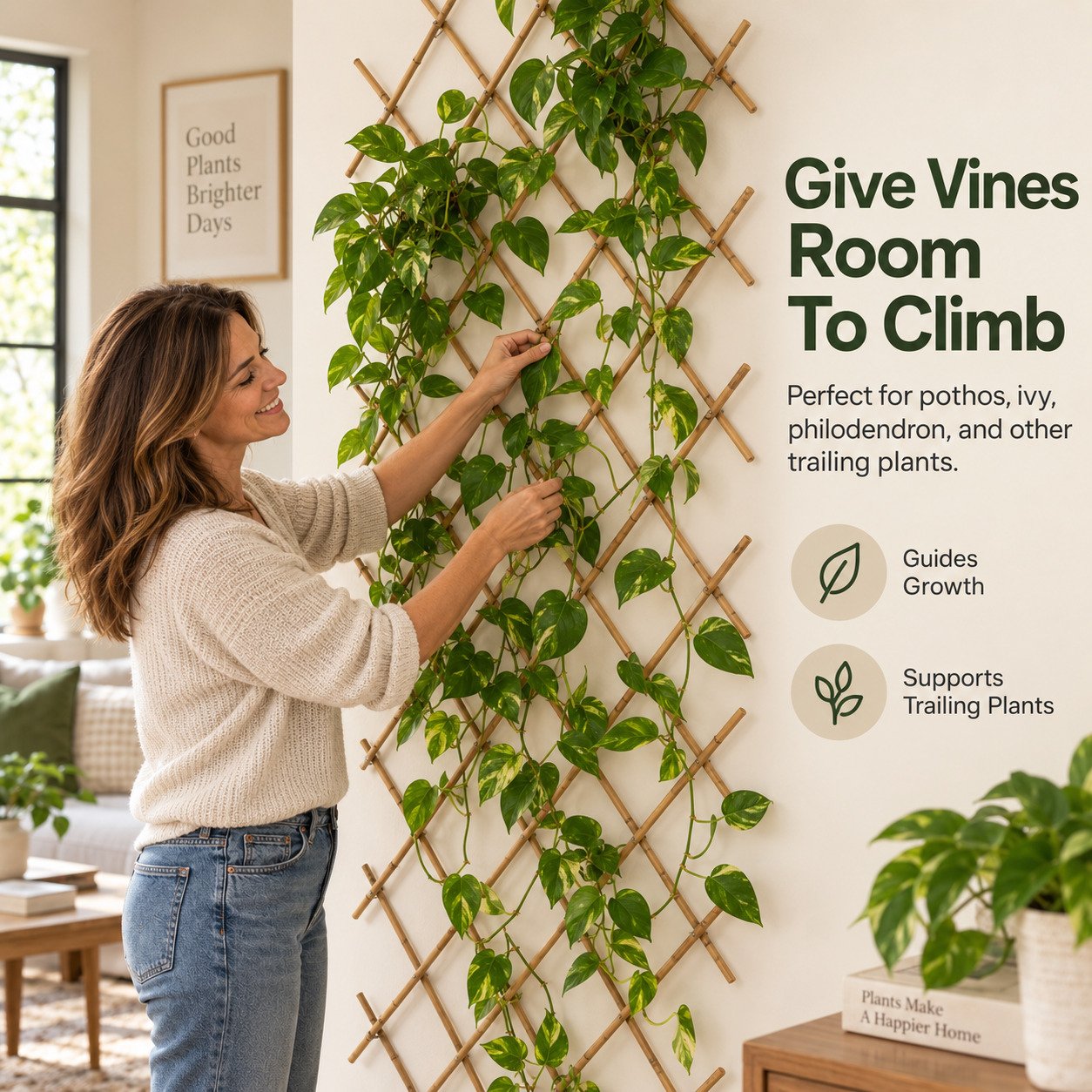 Bamboo wall trellis supporting pothos ivy and climbing plants