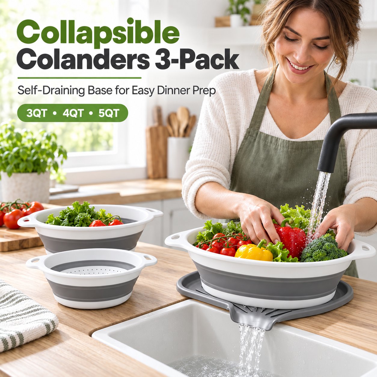 Collapsible kitchen strainer set in use